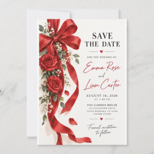 Invitación Lazo de Satén Rojo y Rosas para Guardar la Fecha