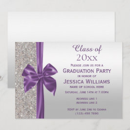 Invitación Lazo de seda púrpura elegante con lentejuelas plat