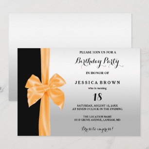 Invitación Lazo de seda romántica plateado y negro Cumpleaños