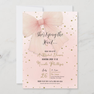 Invitación Lazo de tul rosa bonito con confeti dorado para fi
