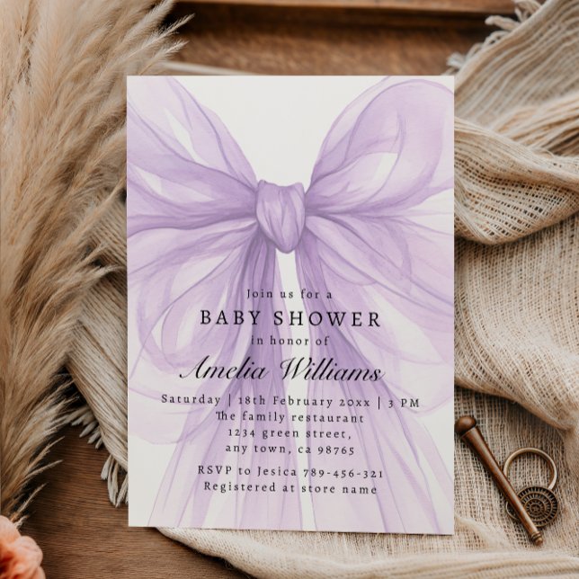 Invitación Lazo de Tulle Suave Lila Moderno para Bebé (Subido por el creador)