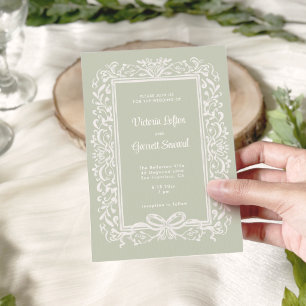 Invitación Lazo dibujado a mano vintage sobre fondo verde sal