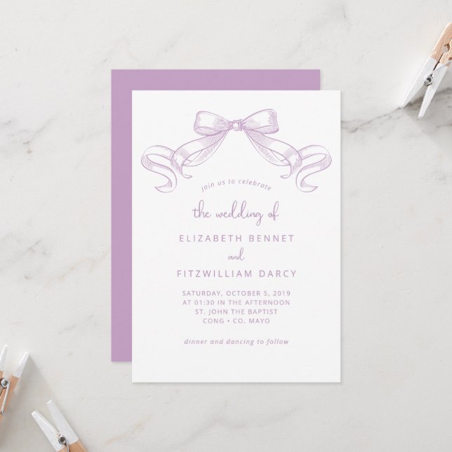 Invitación Lazo Dibujado Romántico | Boda de Lila (Anverso/Reverso In Situ)