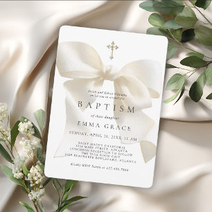 Invitación Lazo Elegante de Marfil para Bautizo de Niña