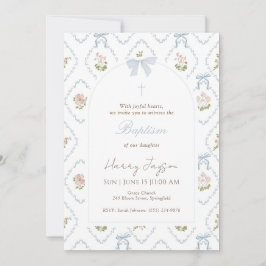 Invitación Lazo Floral Azul Elegante Bautizo Niña Cristiana