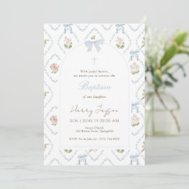 Invitación Lazo Floral Azul Elegante Bautizo Niña Cristiana
