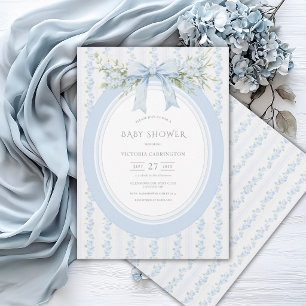 Invitación Lazo Floral Azul Fiesta de Bebé Vintage