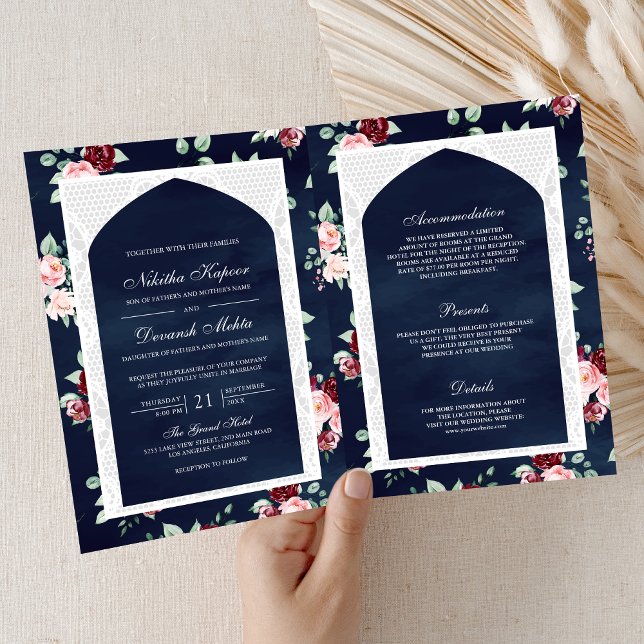 Invitación Lazo floral azul oscuro todo en un Boda indio (Subido por el creador)
