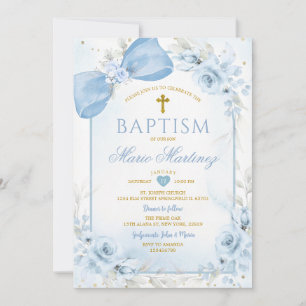 Invitación Lazo Floral Azul Polvoriento Coquette Cruz Dorada 