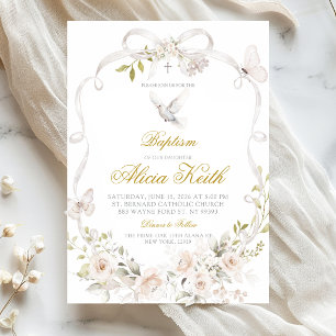 Invitación Lazo Floral Blanco Coquette Paloma Bautizo