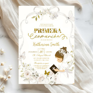 Invitación Lazo Floral Blanco Coquette Primera Comunión