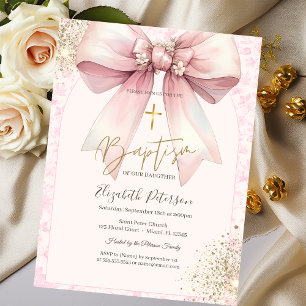 Invitación Lazo floral de chinoiserie rosa Cruz dorada