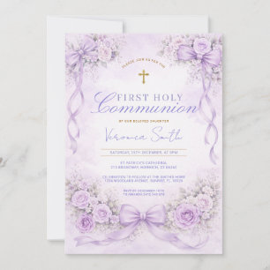 Invitación Lazo floral de lavanda púrpura Primera Comunión