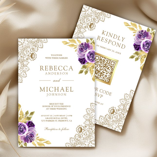 Invitación Lazo Floral Morado Polvoriento Boda Código QR Blan (Subido por el creador)