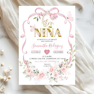 Invitación Lazo Floral Rosa Coquette Dulce Es Nina Baby Showe