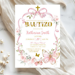 Invitación Lazo Floral Rosa Coquette Mariposa Bautismo Españo