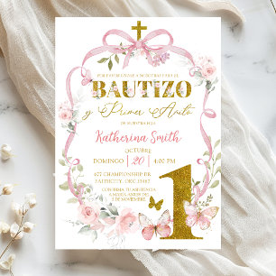 Invitación Lazo Floral Rosa Coquette Mariposa Bautizo Español
