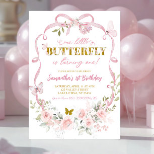 Invitación Lazo Floral Rosa Coquette Mariposa Cumpleaños 1er 
