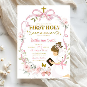 Invitación Lazo Floral Rosa Coquette Primera Comunión