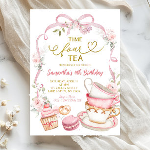 Invitación Lazo floral rosa Coquette Time FOUR cumpleaños de 