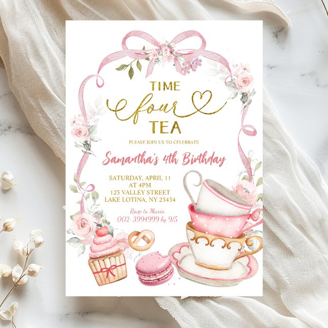 Invitación Lazo floral rosa Coquette Time FOUR cumpleaños de  (Subido por el creador)