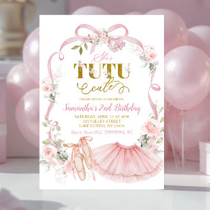 Invitación Lazo Floral Rosa Coquette Tutú de Ballet Cumpleaño