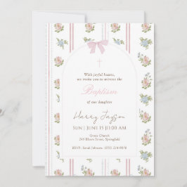 Invitación Lazo Floral Rosa Elegante Bautizo Niña Cristiana