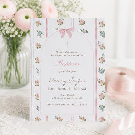 Invitación Lazo Floral Rosa Elegante Bautizo Niña Cristiana