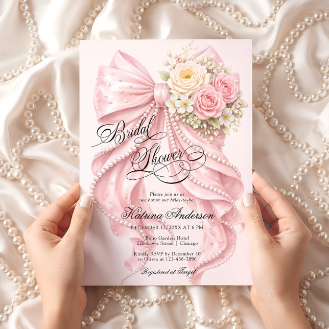 Invitación Lazo floral rosa Elegante ducha de novia  (Subido por el creador)