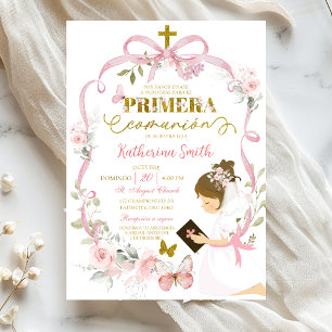 Invitación Lazo Floral Rosa Español Coquette Primera Comunión