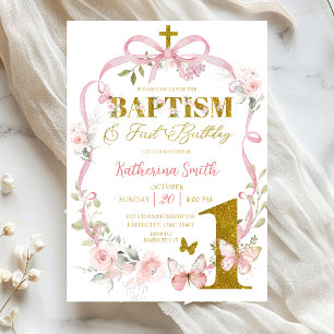 Invitación Lazo Floral Rosa Mariposa Bautizo y Cumpleaños