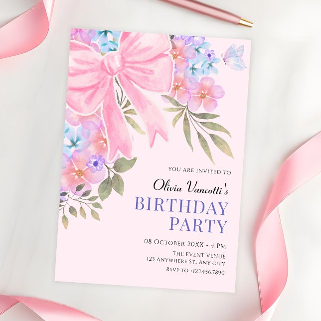 Invitación Lazo floral rosa púrpura cumpleaños (Subido por el creador)