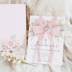 Invitación Lazo Floral Rosa Sonrosado Primera Comunión