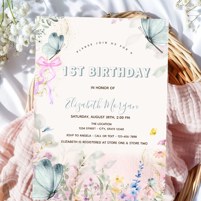 Invitación Lazo Flores Silvestres Mariposas Azules Cumpleaños (Subido por el creador)