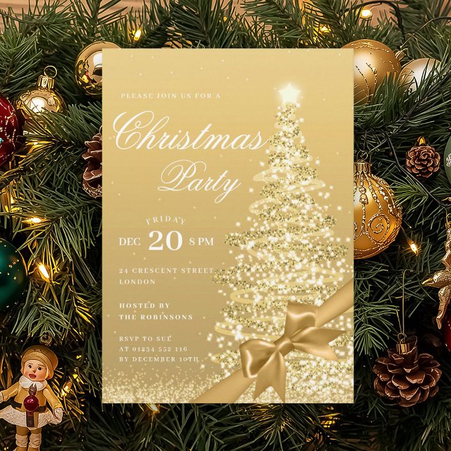 Invitación Lazo formal de Navidad de invierno en oro para árb (Formal Gold Winter Christmas Tree Bow Holiday Invitation)