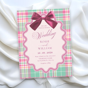 Invitación Lazo magenta y boda de cuadros rosas