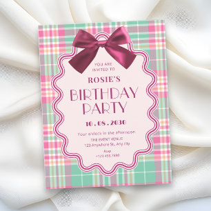 Invitación Lazo magenta y cumpleaños de cuadros rosados