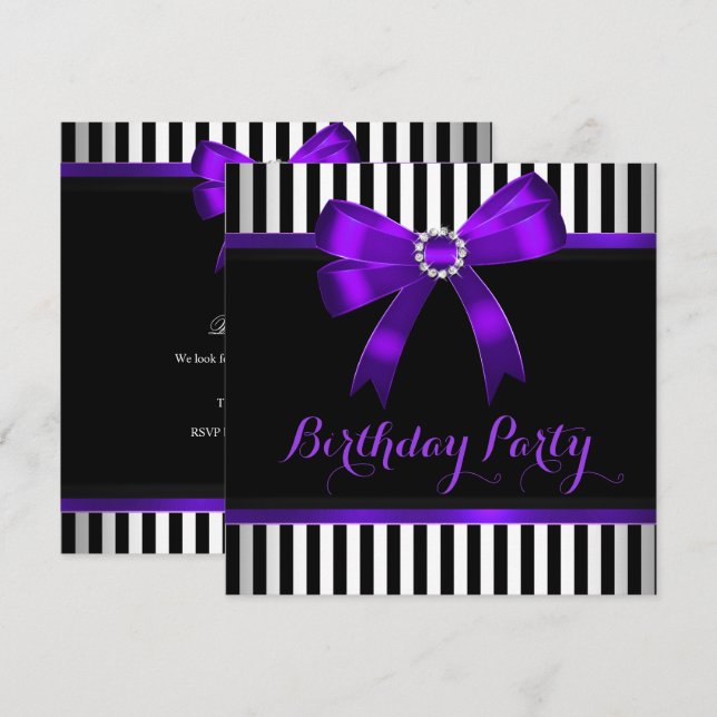Invitación Lazo Morado Cumpleaños Fiesta Rayas Negras Blancas (Anverso / Reverso)