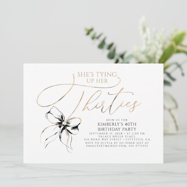 Invitación Lazo Negro Atando sus Treinta en su Cumpleaños 40 (Anverso de pie)