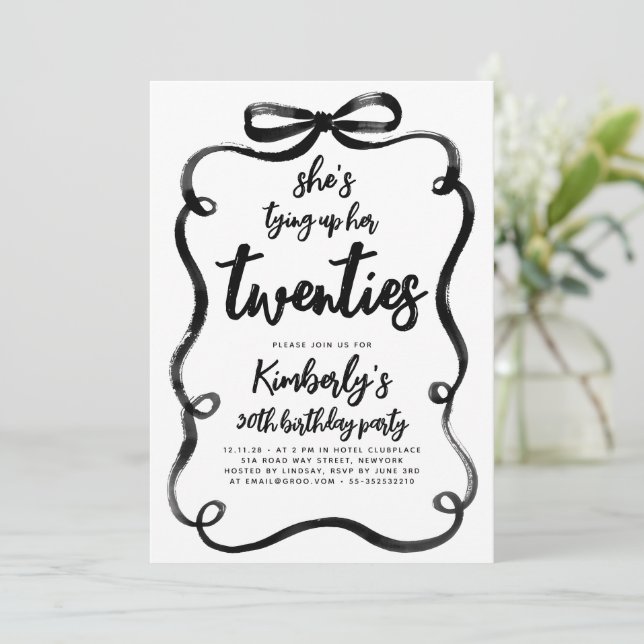 Invitación Lazo Negro Atando Sus Veinte 30 Cumpleaños (Anverso de pie)