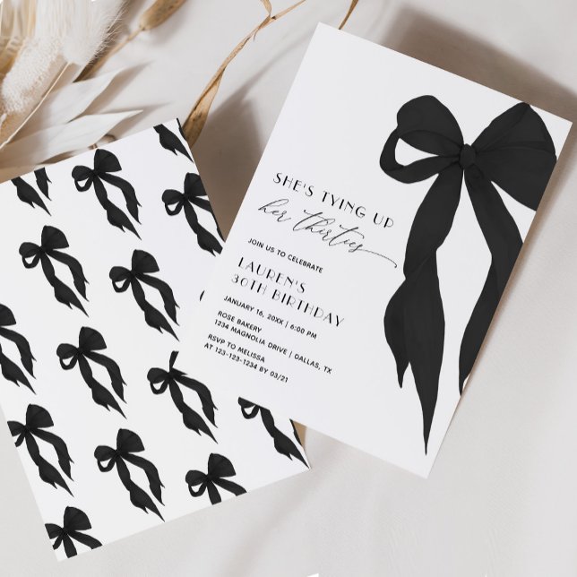 Invitación Lazo Negro Chic que Ata sus Treinta Cumpleaños 40 (Subido por el creador)
