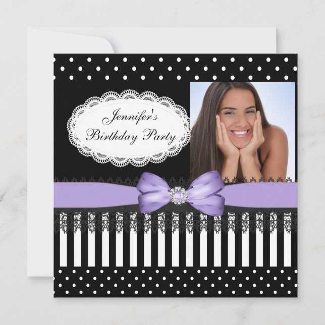Invitación Lazo para Fiesta de Cumpleaños Negro Lila Blanco L (Anverso)