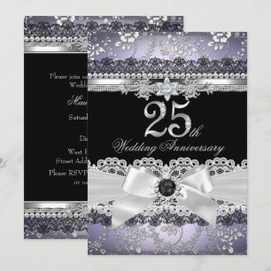 Invitación Lazo Perla Arco Plateado Púrpura 25 Aniversario