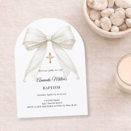 Invitación Lazo Perlas Marfil Niña Elegante Arco Bautizo