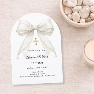 Invitación Lazo Perlas Marfil Niña Elegante Arco Bautizo