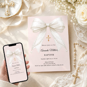 Invitación Lazo polvoriento rosa champán perlas Bautizo