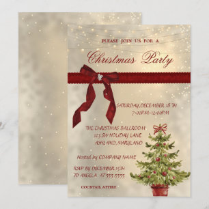 Invitación Lazo Rojo Brillante, Fiesta de Navidad Corporativa
