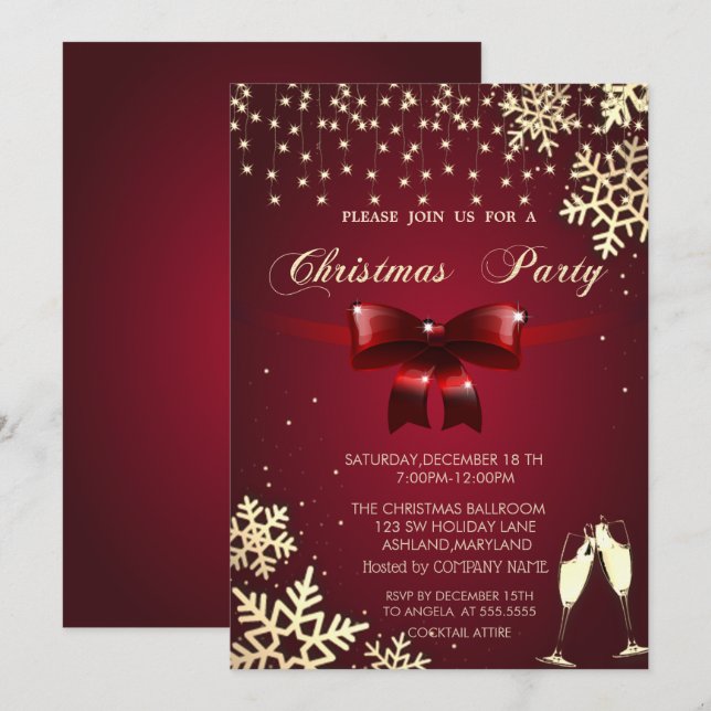 Invitación Lazo Rojo, Copos de nieve, Gafas, Fiesta de Navida (Anverso / Reverso)