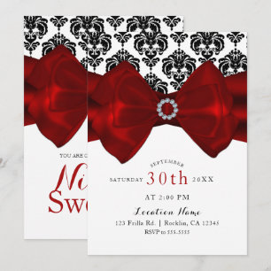 Invitación Lazo Rojo Damask Negro y Blanco Glam Fiesta Dulces