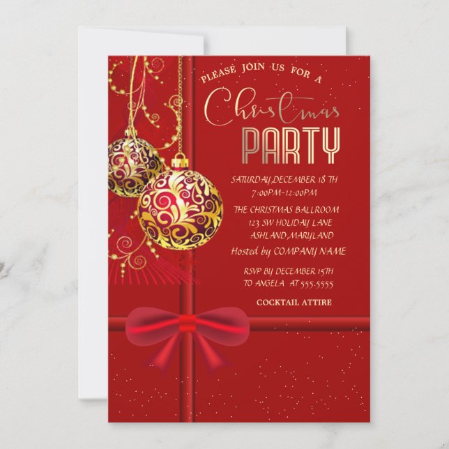 Invitación Lazo Rojo Elegante, Bolas de Navidad Compañía de N (Anverso)